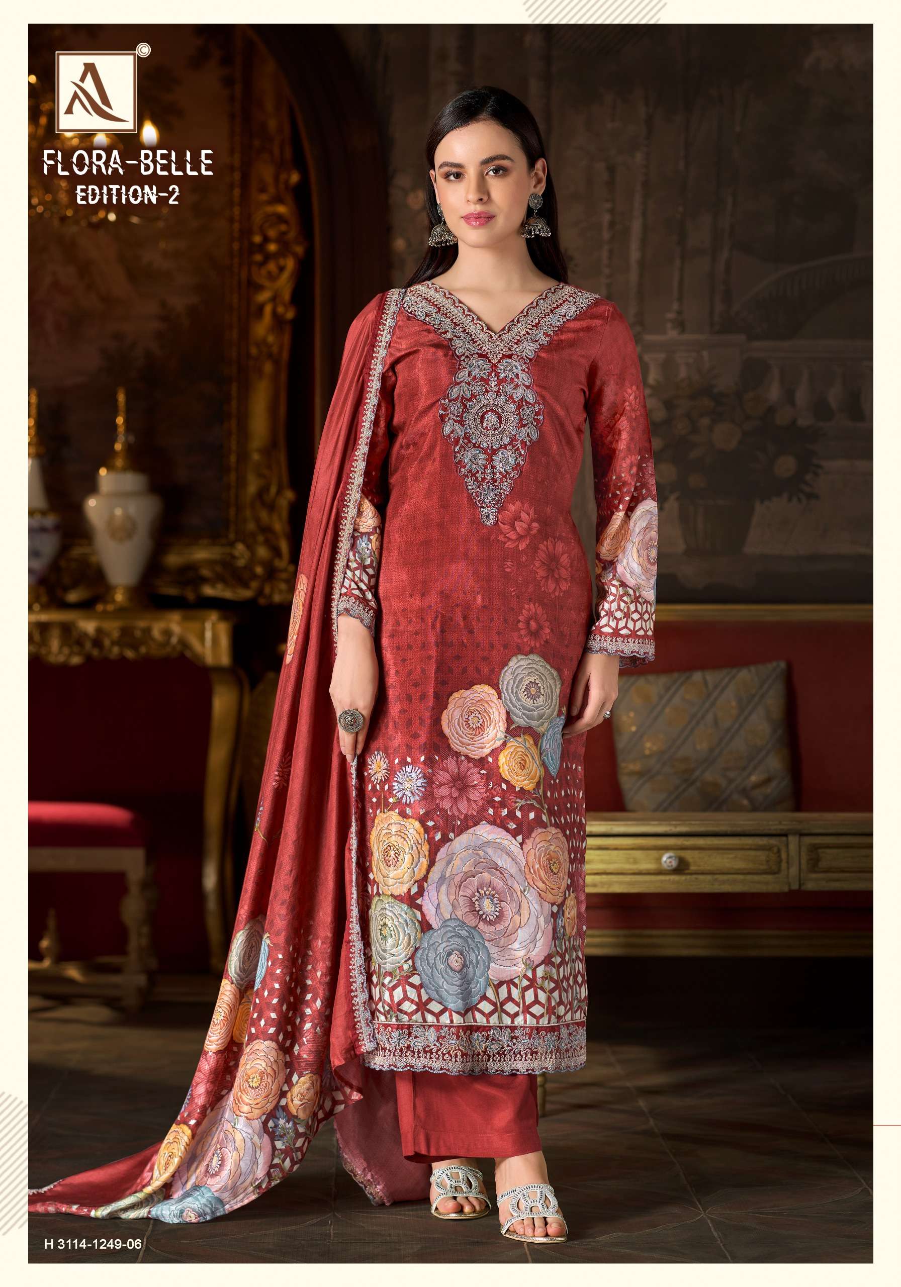 ALOK SUIT FLORA BELLE VOL 2 MASLIN DIGITAL NECK & DAMAN DRESS CATALOGUE SUPPLIER